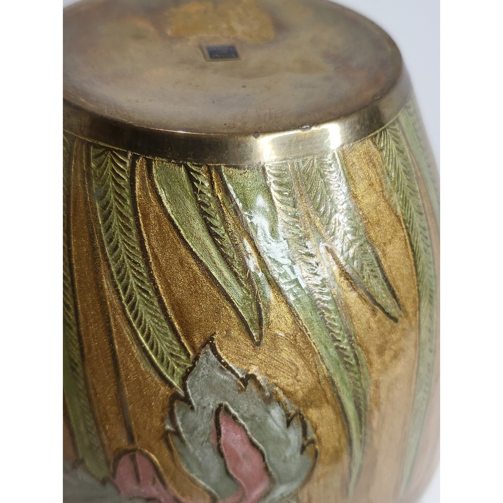 Vintage Brass Floral Vase Hand Painted Enamel Etched Made in India Boho Decor - Picture 8 of 10